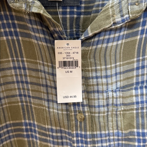 NWT American Eagle Outfitters Blue and Olive Plaid Shirt - Picture 2 of 3